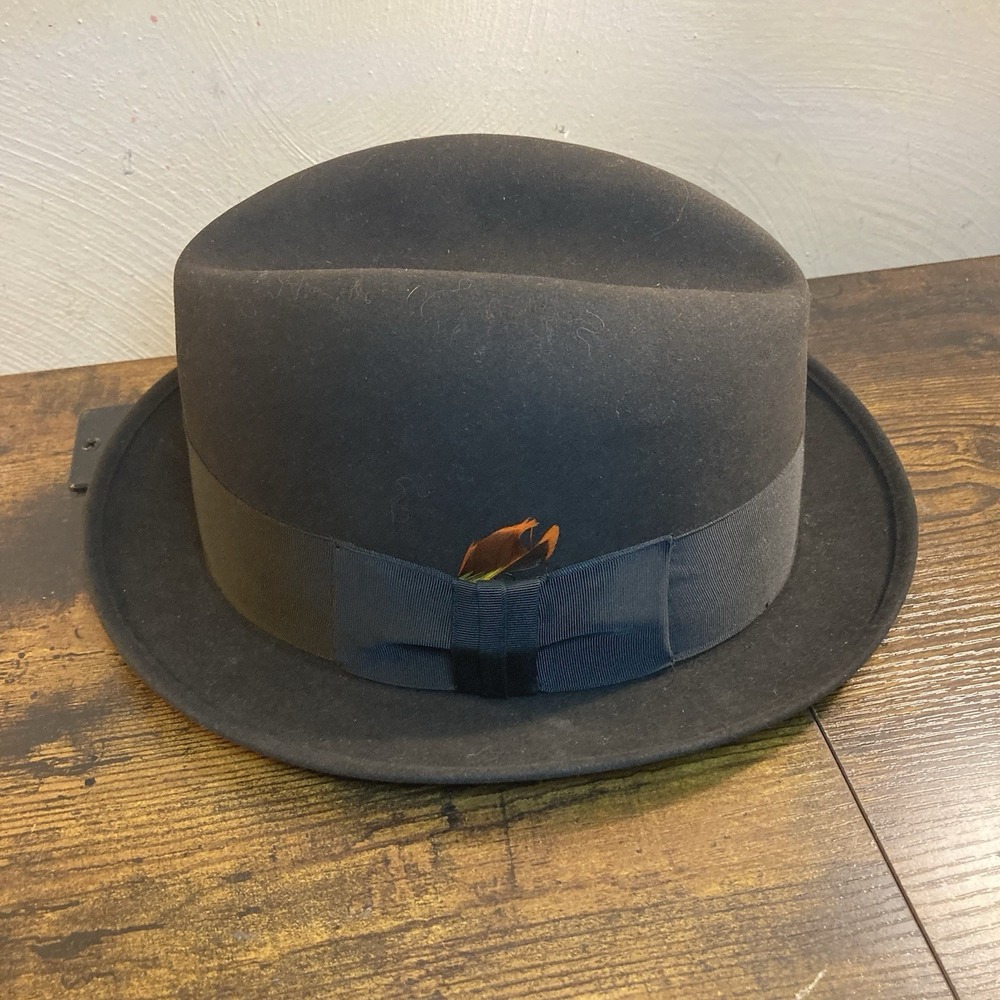 Vintage Stetson Royal Stetson Fedora Homburg Black Felt Hat 7 1/8 Feather‎